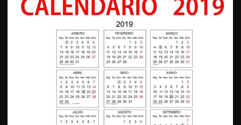 Calendário 2019 e seus feriados - Foto/Divulgação