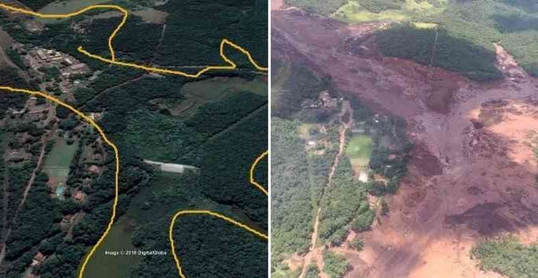 Antes e depois da região de Brumadinho, em Minas Gerais - Foto/Divulgação